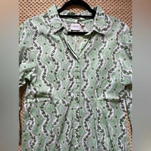 Julia Amory Green Block Print Patterned midi Maxi Shirt Dress size Large - Picture 2 of 7
